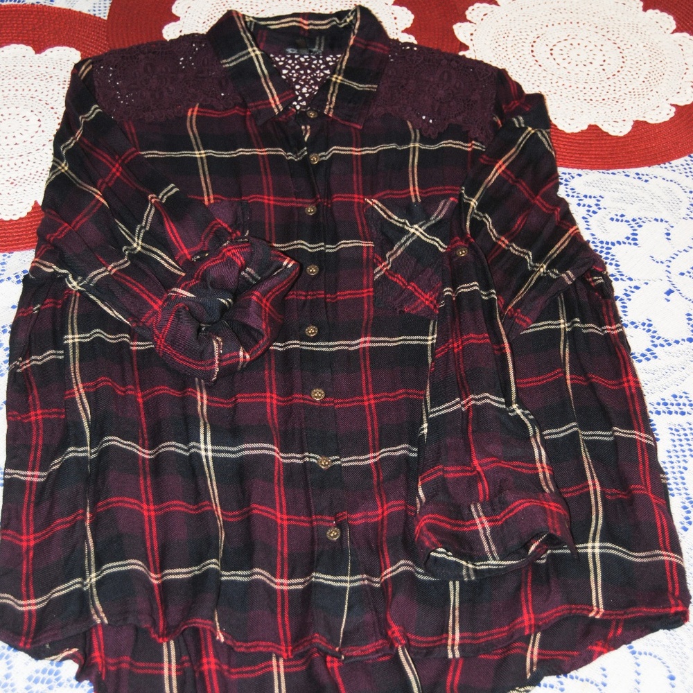 Plaid Flannel & Lace Button Tunic